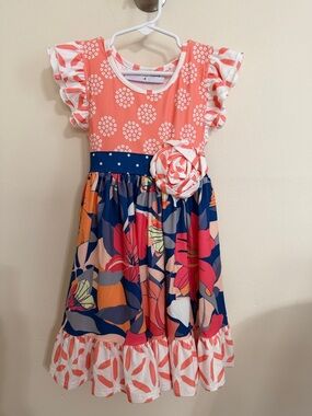 Coral Floral Print Ruffle-Sleeve Dress with Navy Skirt